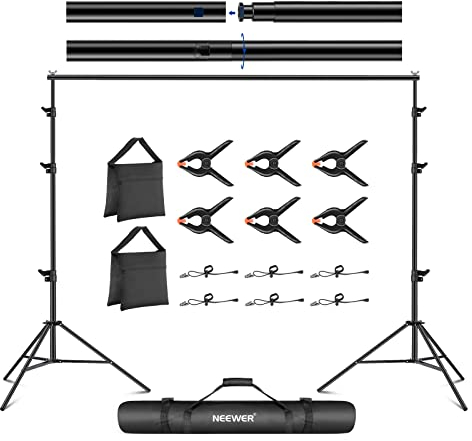 NEEWER Kit de Support de Toile de Fond réglable 8,5 x 10 Pieds, système de Support de Fond de Photographie avec 4 Barres transversales,6 Pinces à Ressort,6 Clips de Toile de Fond,2 Sacs de Sable