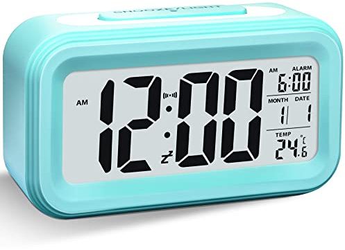 GreHom Wecker Digital Ohne Ticken, Digitaler Wecker Batteriebetrieben Alarm Clock LED mit Licht Temperaturanzeige Snooze Kinderwecker Laut für Tiefschläfer Kinder Erwachsene,Blau