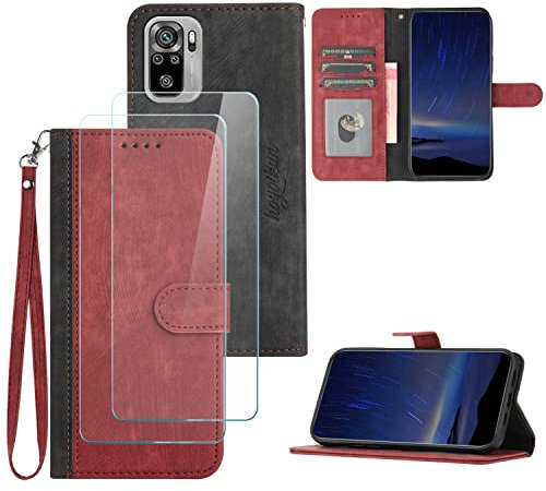 Hoyoikun Funda Compatible con Redmi Note 10/10S 4G,Regalar 2 Piezas Protector de Pantalla.Flip Leather Edition,Funda de Cuero PU con Cáscara de TPU,[Soporte Plegable] [Cierre magnético]-Rojo