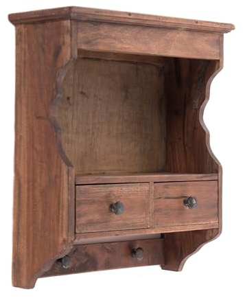 DESIGN DELIGHTS WANDREGAL Granja | mit Schubladen und Haken, Mahagoni Holz, 47x40 cm | Küchenregal, Holzregal, Wandschrank,Vintage Hängeregal