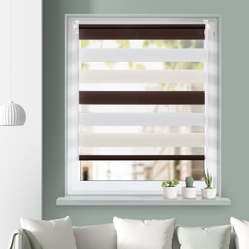 Grandekor Doppelrollo Klemmfix ohne Bohren Weiß-Beige-Braun 80x110cm(Stoffbreite 76cm) Fenster Rollos für innen Klemmrollos Duo Rollos für Fenster ohne Bohren mit Bohren Privatschutz Zebrarollo
