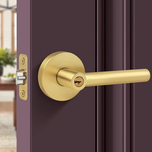 Gaurqiah Entry Door Lock with Keys,Brushed Gold Door Handles, Heavy Duty Door Lever, Round Door Handle for Exterior/Interior Doors, Reversible Door Lever for Bedroom or Office-Satin Brass Finish