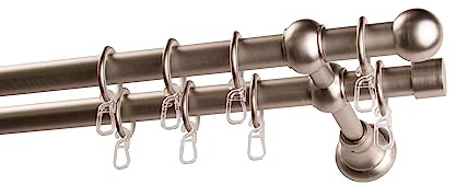 Garesa Gardinenstange Andrea Ø 20mm, 2-läufig, Nickel, matt I Stabile Vorhangstange inkl. Ringe + Faltenlegehaken I Mit Endknopf Kugel kurz I 160cm