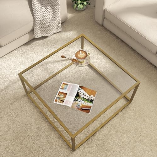 SAYGOER Goldfarbener Couchtisch aus Glas, moderner Couchtisch für kleinen Raum, einfacher quadratischer Mitteltisch für Wohnzimmer, Heimbüro, 26,7 x 26,7 x 17,7 cm, einfache Montage