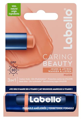LABELLO Caring Beauty Nude FPS 30 (1 x 5,5 ml), Stick à lèvres au beurre de karité et huile d’amande, Baume à lèvres à la couleur neutre pour 24 H d’hydratation