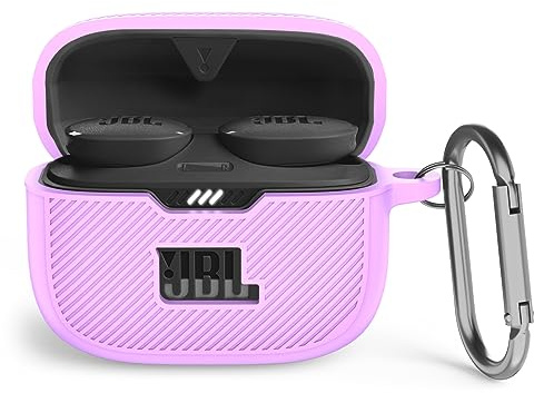 MOWYEOK Silikon Hülle kompatibel mit JBL Tune 130NC TWS, Tragbare Kratz und stoßfeste Silikonhülle, Front LED sichtbar, für JBL Tune 130NC TWS Gehäusezubehör, mit Karabiner - Lila