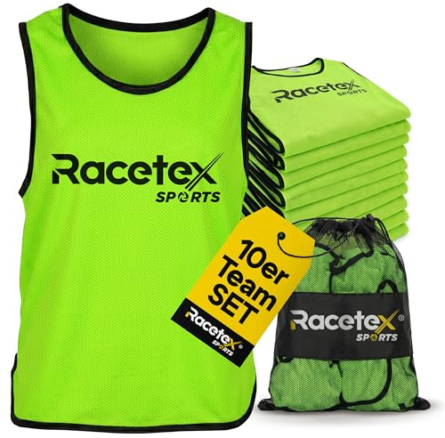 Racetex Casacche da calcio bambini e adulti, set da 10 – casacche per uomo e donna – pettorine calcio per bambini in mesh traspirante, colori vivaci ad alta visibilità, con pratica sacca