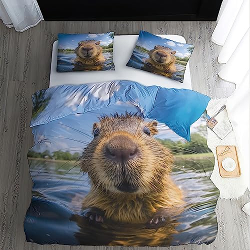 ZDABAOEC Capybara Bettwäsche 135x200, 3D Tiere Bettbezug 2er Set, 110gsm Microfaser Wendebettwäsche mit Reißverschluss, 1 Kopfkissenbezug 80x80, Weich Kuschelig Bügelfrei