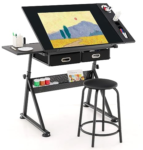 GOPLUS Ritbord höjdjusterbar, skrivbord lutning, arkitektbord med pall, skolskrivbord, kontorsbord (svart)
