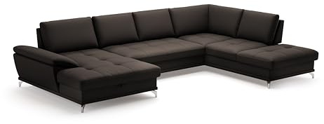 Cavadore Wohnlandschaft Castiel mit Federkern / Sofalandschaft mit XL-Longchair, Sitztiefenverstellung, satinierten Metallfüßen / 363 x 89 x 223 / Echtleder, Dunkelbraun