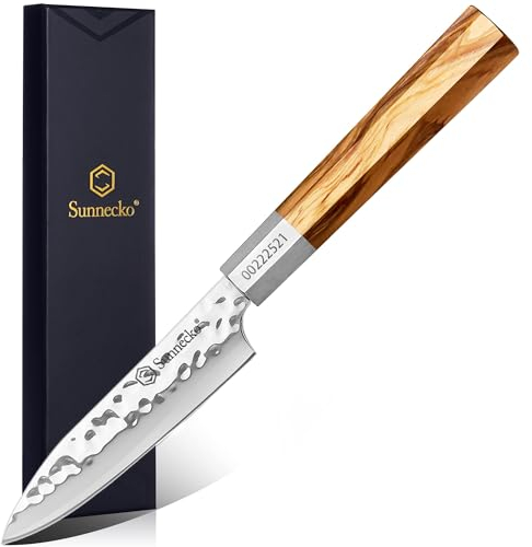 Sunnecko Paring Knife for Fruit - 4.5 Inch Small Kitchen Knives with Japanese High Carbon Steel 440C Blade Fruit Knife, Utlity Knives with Olivewood Handle for Peeling Fruit