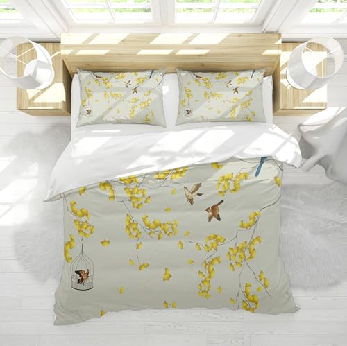 DINGSION Bettwäsche-Set im chinesischen Stil 3-teilig gelb Ginkgo Biloba Blätter niedliche Vögel gewaschen Schlafzimmer Bettwäsche-Set mit 2 Kissen Shams Reißverschluss 140 x 200 cm