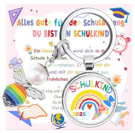 Werfunee Einschulung Geschenk Schultüte Mädchen Schutzengel Schlüsselanhänger für Schulkind - Füllung Schulanfang Glücksbringer mit Grußkarte Geschenkbox