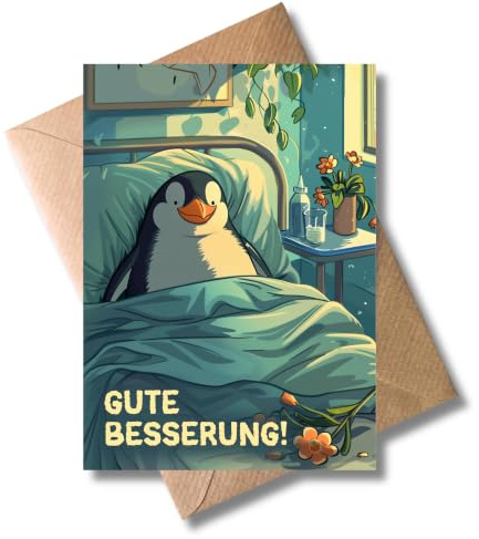 WBdesignz Genesungskarte mit Umschlag - Herzliche Gute Besserung Karte - Kranker Pinguin - Süße Aufmunterung Genesungswünsche - Krankheit Erholung Krankenhaus Operation Tierkarte (DIN A6)