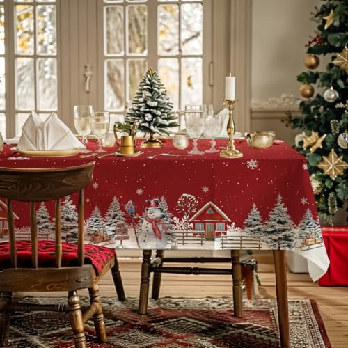 AIBIIN Weihnachtstischdecke, Winter, Schneemann, Schneeflocken, Haus, Weihnachtsbäume, waschbar, Tischdecke für Esszimmer, Picknick, Party, Tischdekoration, Zubehör, 132 x 182 cm, Rot