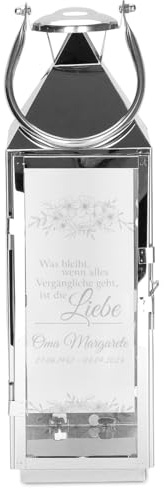 private grief Trauer-Laterne mit Gravur - was bleibt ist die Liebe - mit Namen und Lebensdaten als Andenken an den Verstorbenen (Blumen)