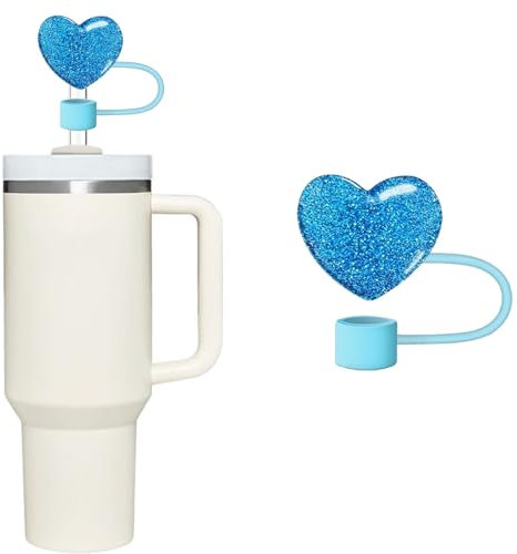 Funda de popote de corazones azules brillantes para vaso Stanley de 40 y 30 onzas, tapa de silicona de 10 mm para accesorios de copa Stanley, bonita decoración de popote para vasos, tapón de popote