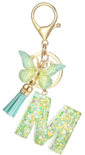 MWOOT Porte Clé Lettre avec Initiale, Porte Clef Alphabet Vert avec Pendentif Tassel Papillon pour Femmes Filles, Charme de Porte Clés à Paillettes en Résine pour Clé de Voiture Sac à Main Décor(M)