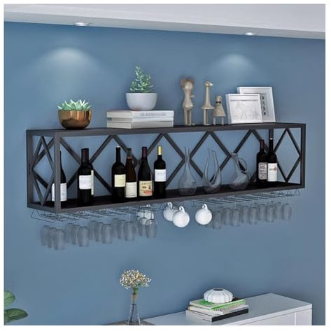 Portabottiglie da parete industriale in metallo per bottiglie di vino e bicchieri, per casa, bar, cucina, sala da pranzo, nero (80 x 25 x 40 cm)