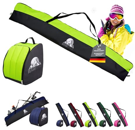 Rawstyle skidset 190 cm svart-ljusgrön: Skidskoväska och skidväska, vattentät, Cordura-tyg, dragkedja, bärhandtag, 42 x 40 x 30 cm