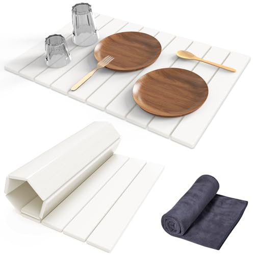 Stone Dish Drying Mat for Kitchen Counter,24(L)×16(W) Collapsible Fast-Drying Diatomaceous Earth Mats with Towel Sanding Tool,Versatile Stone Drying Mats for Cups Dishes Bottles