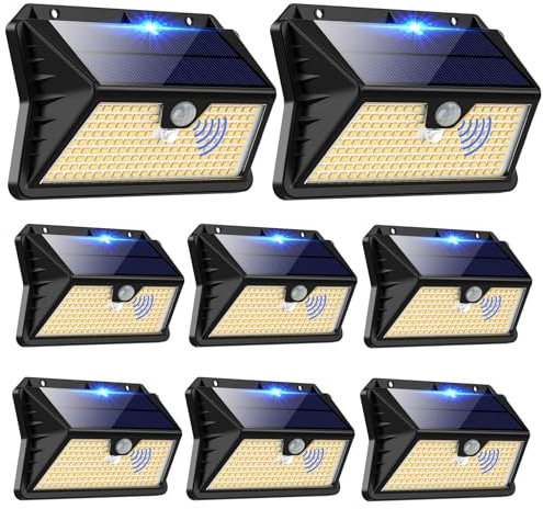 OUILA Luces Solares LED Exterior 8 Paquete, 185 LED/3 Modos Con Sensor de Movimiento, IP65 Impermeable para Jardín, Garaje (Blanco Cálido)