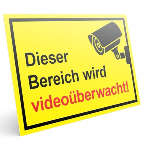 PRINTIMA Videoüberwachung Schild 32x21 cm Gelb - Achtung Privatgrundstück DSGVO konform - Wetterfeste PVC Platte 3mm - Auffälliges Warnschild für Baustelle & Betriebsgelände