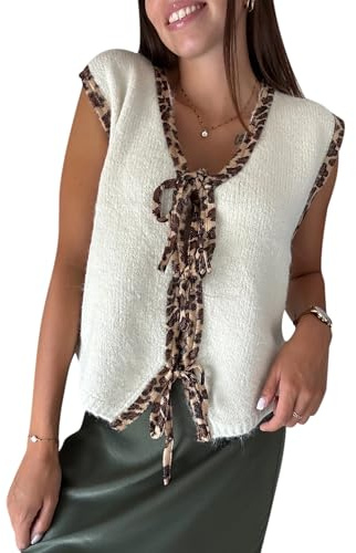 Felcia Gilet en tricot à imprimé léopard avec patchs et lien devant pour femme - Coupe ample - Débardeur en maille avec détail graphique guépard, Abricot A., L