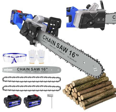 Motosierra sin cable de 16 pulgadas, motosierra eléctrica con cadena de sierra, cortador de ramas de alto rendimiento con batería de 4000 mAh, 2 baterías de alto rendimiento, para jardín, poda de