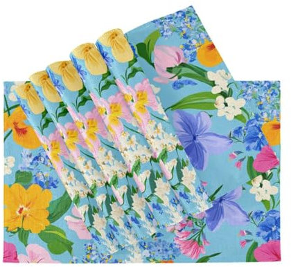 Personalizzabile Fiori Primavera Orchidea Viola Giacinti Tovagliette Blu Lino Tovaglietta Riutilizzabile Tovagliette Lavabile Sottopiatti Tovagliette in tessuto Set di 6 12x18