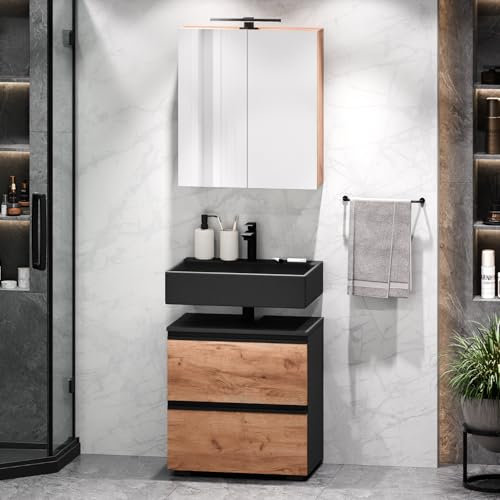 Planetmöbel EDA Badmöbel Set Waschbeckenunterschrank 60cm mit Spiegelschrank 60 cm mit Beleuchtung, Waschtischunterschrank, Badezimmerschrank für Gäste WC & Bad, Anthrazit/Gold Eiche