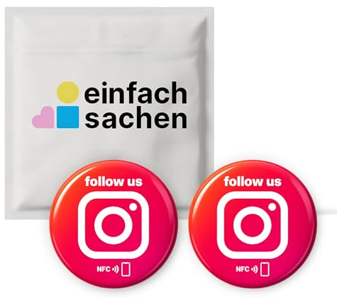 2x Instagram NFC Sticker „follow us“ – selbst programmierbar & wiederverwendbar – 3 cm Ø Glanz-Sticker mit NFC-Chip – kontaktloses Marketing-Tool für Cafés, Hotels, Shops & touristische Unternehmen