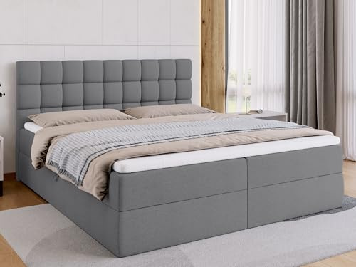 BROMARKT Boxspringbett mit Matratze 180x200cm Bett mit Topper Grau | Polsterbett mit Bettkasten Doppelbett mit Stauraum für Schlafzimmer gepolsterte Kopfteil Bed Bonell Boxbett H3 DAKOTA