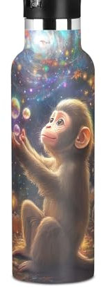 Botella de agua para niños con pajilla, botella de 20 onzas para niños y niñas, sin BPA, diseño de mono con burbujas, color naranja