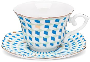 fanquare Juego de taza y platillo Blue Diamond Grip, elegante taza de café de cerámica con borde plateado, taza de té moderna con cucharilla para fiestas, oficina en casa 200 ml