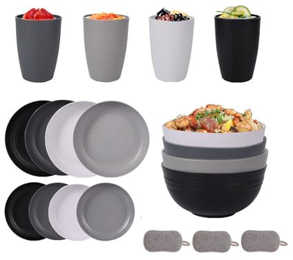 Set di Posate in Plastica Ciotole Piatti e Bicchieri Infrangibili Posate da Picnic Riutilizzabili Adatto a Microonde e Lavastoviglie Adatto Per Feste di Compleanno Campeggio (Colori misti, Set da 16)