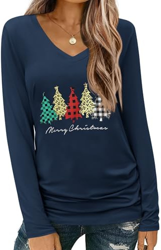 Cicy Bell Women's Christmas Shirts Long Sleeve V Neck Xmas Tree Tees Casual Basic Merry Christmas Holiday Tops