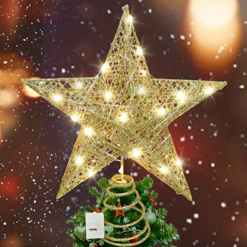Seasboes Weihnachtsbaum Spitze Stern, Weihnachtsbaumspitze, Christbaumspitze, Glitzernd Weihnachtsdeko LED Weihnachten Baumspitze für Festliche Weihnachten zu Hause Weihnachtsbaum Deko (Gold2)