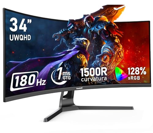 Gawfolk 34 Inch Ultrawide Curved 180Hz Gaming Computer Monitor,1500R PC Screen 21:9 UWQHD (3440x1440),128% sRGB,Adaptive Sync,178° Viewing Angle,HDMI、Display Port,Compatible with Wall mounting-Black
