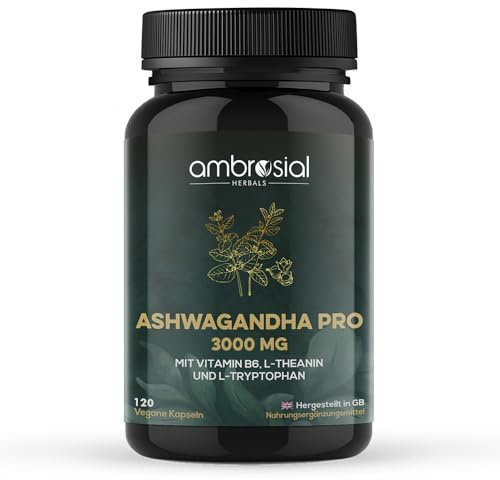 Ambrosial Ashwagandha Kapseln Pro - 3000mg Ashwagandha pro Kapsel - 4 Monate Vorrat - Mit schwarzem Pfeffer, L-Theanin, L-Tryptophan & Vitamin B6-120 Vegane Kapseln - 5% Withanolid Gehalt