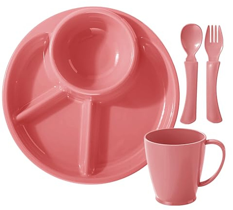 Assiettes à Compartiments,Assiettes Enfant à Sections pour Dîner et Petit-Déjeuner - Bol Ovale à 4 Compartiments avec Fourchette Cuillère et Tasse à Eau pour Fruits Légumes Viande Dessert Céréales