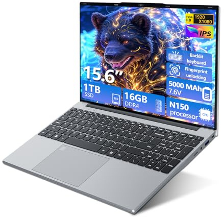 PC Portatile 16GB RAM 1TB SSD, Win 11 OS Notebook Twin Lake-N150 CPU, 15.6 Pollici Laptop FHD 1920*1080, Tastiera Retroilluminata+Sblocco Impronta Digitale, WiFi5+USB3.0+BT4.2+Webcam+Mini-HDMI