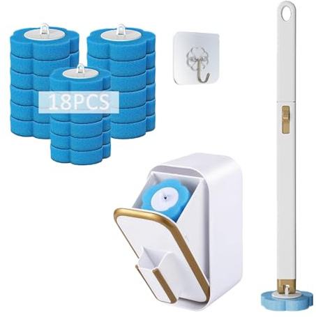 iAnomla Klobürste, Einweg Toilettenbürste mit 18 Stück Reiniger Nachfüllungen Schwamm, Gold Toilettenbürste mit Halter, Klobürste Wandmontage, WC Bürste Bürstengarnitur Blau (Ocean Fresh Duft)