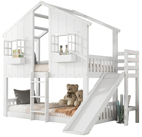 MUZHIXIANG Lit superposé, avec toboggan, toit et fenêtre, en pin MDF, grille de protection anti-chute, échelle, lit de jeu, pour chambre d'enfant (blanc, 90 x 200 cm)