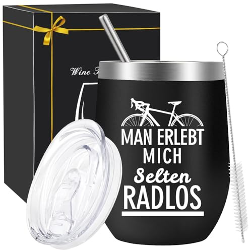 ZJKUBOIS Geschenke für Radfahrer Männer, Weinbecher Edelstahl mit MAN ERLEBT MICH SELTEN RADLOS, 12oz Edelstahl Becher Set mit Deckel Für Fahrradliebhaber mit Stroh, Strohhalmpinsel & Geschenkbox