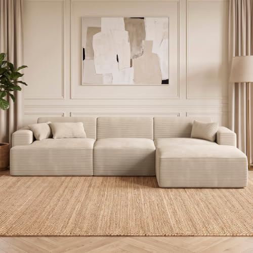 skølm Freki Cloud Couch – Sofa 3 Sitzer aus Cord in Beige mit 3 Kissen – L-Form Eckcouch mit Hocker – Vollschaumcouch mit Federkern & Vakuum-Kompression 320 cm breit – kein Aufbau erforderlich