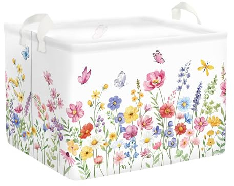 HUUMONSS Groß Wäschekorb Wasserdicht Aufbewahrungskorb für Kinder, 36L | Aufbewahrungsbox mit Stoff, Kleidung Spielzeug Buch Decke, Mädchen Kinderzimmer Schlafzimmer Badezimmer Waschküche, Blumen