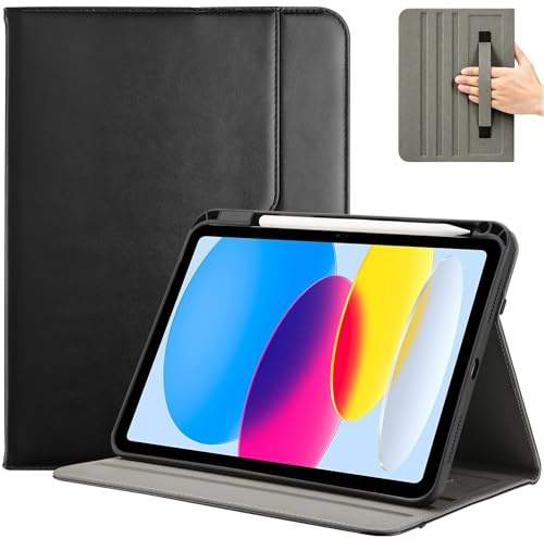 ProCase for iPad A16 11th Generation 11” 2025/iPad 10th Generation 10.9” 2022 with Pencil Holder, iPad 11/10 PU Leather Case Business Stand Cover Smart Folio with Hand Strap Front Pocket -Black | PU Leather Smart Folio Cover with Hand Strap, Front Pocket and Pencil Holder for iPad A16 11th Gen 2025 and 10th Gen 2022