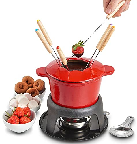 Dyqyym Set di pentole per fonduta in ghisa, fonduta smaltata, per cioccolato e formaggio, con 6 forchette per fonduta con codice colore, bruciatore per fonduta e base per fonduta, 11 pezzi, rosso