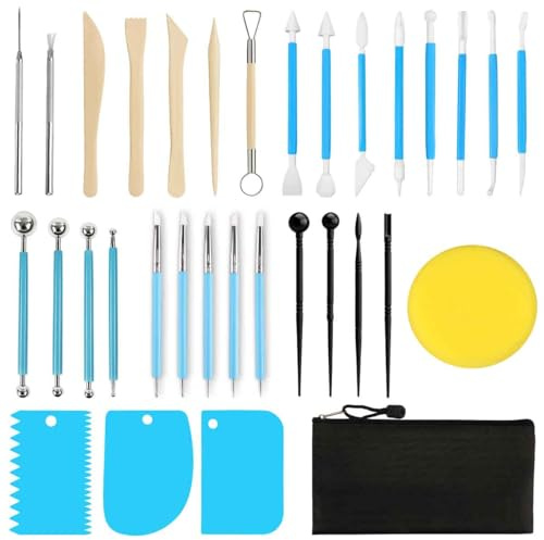 HATOVI 33 Stücke Ton Töpfer Modellierwerkzeug, Töpferwerkzeug mit Dabbing Tool, Tonwerkzeug Sculpting Tools für DIY Sculpd Pottery